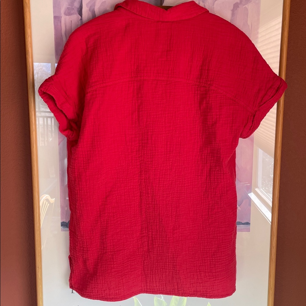 Lola River Cherry Red Button Down Textured Cotton Gauze Shirt, Size M - Picture 4 of 4